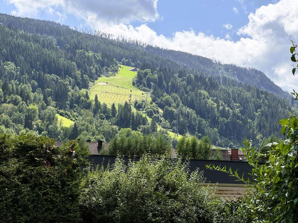 Panoramablick auf die umliegende Berglandschaft mit grünen Hängen und Wäldern.