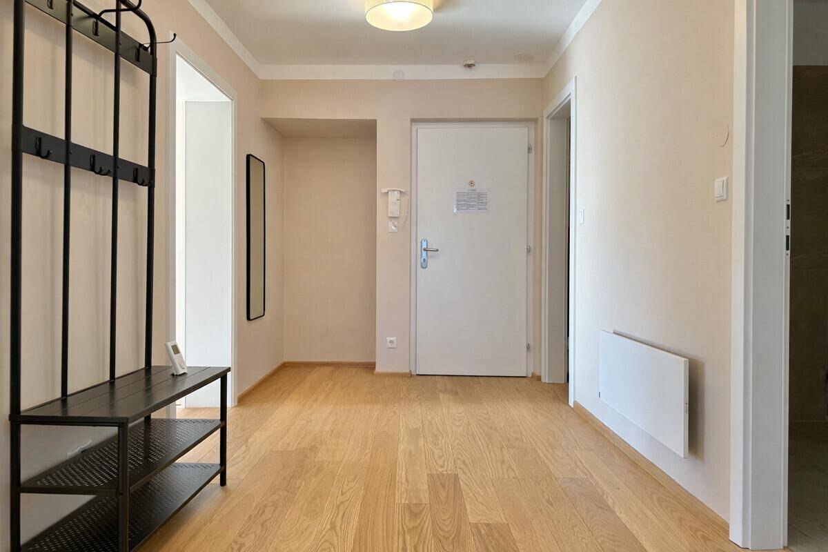 Heller Eingangsbereich mit Holzboden, Garderobe und Zugang zur Wohnung.