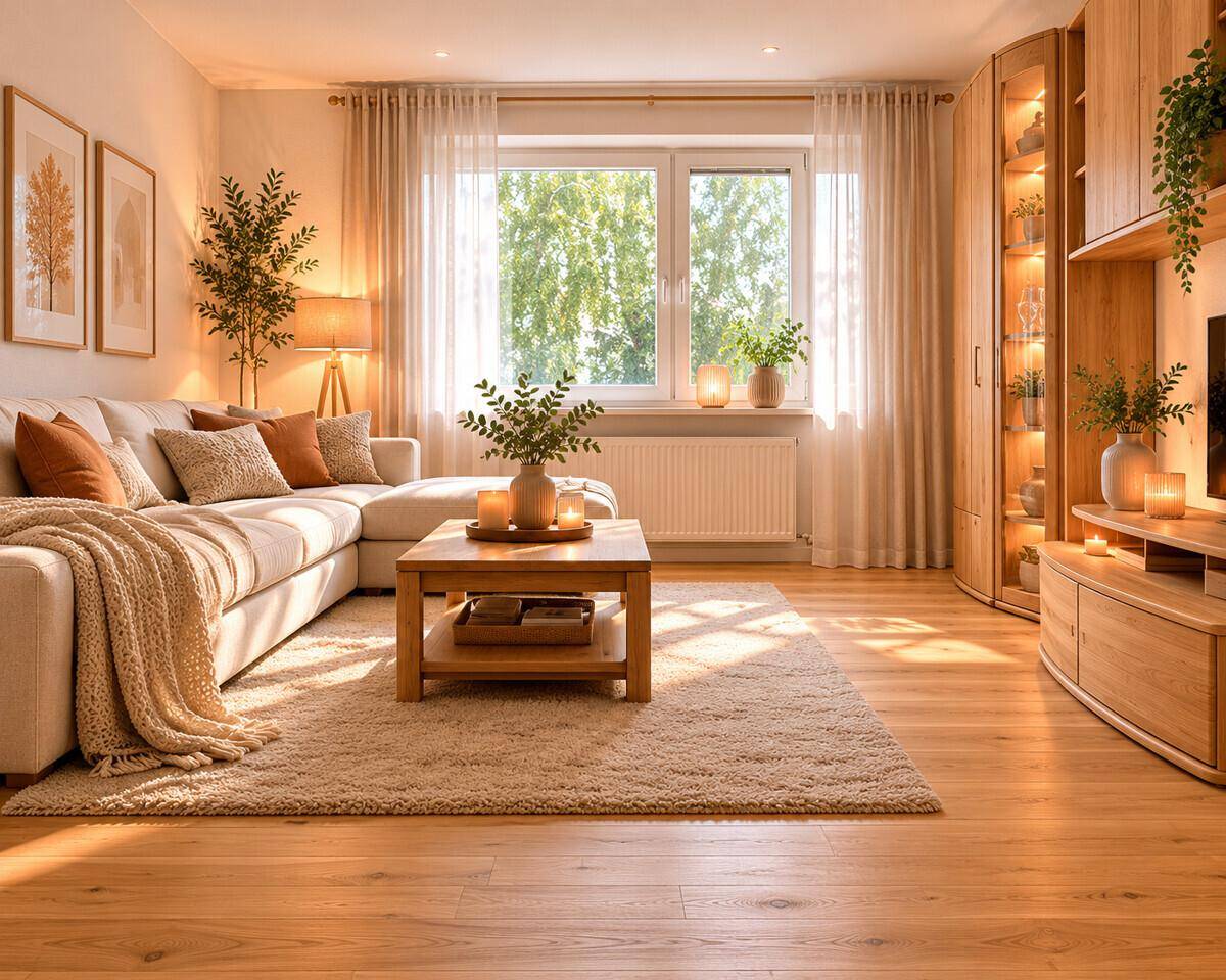 Gemütliches Wohnzimmer mit hellem Sofa, Holzboden und großen Fenstern mit Grünblick.