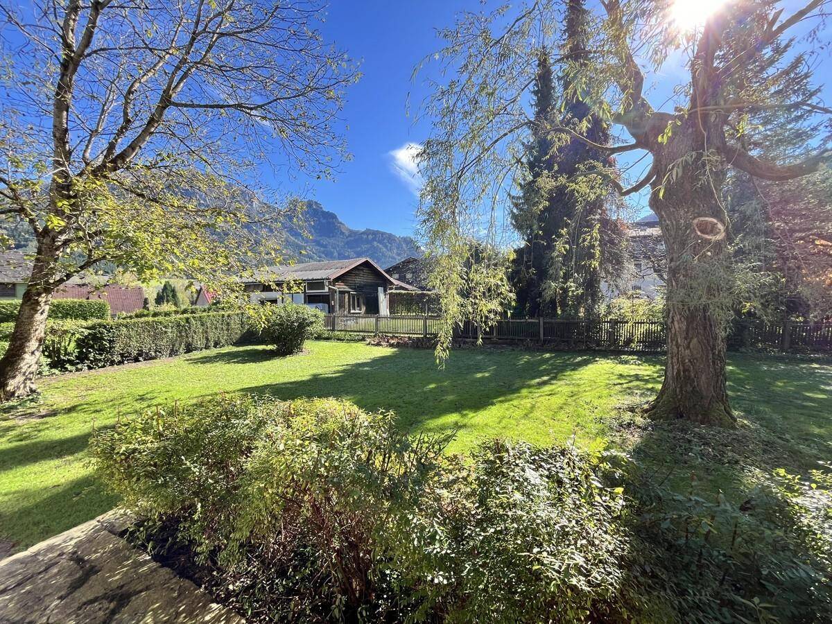 Sonniger Gartenbereich mit üppigem Grün und beeindruckendem Bergblick im Hintergrund.