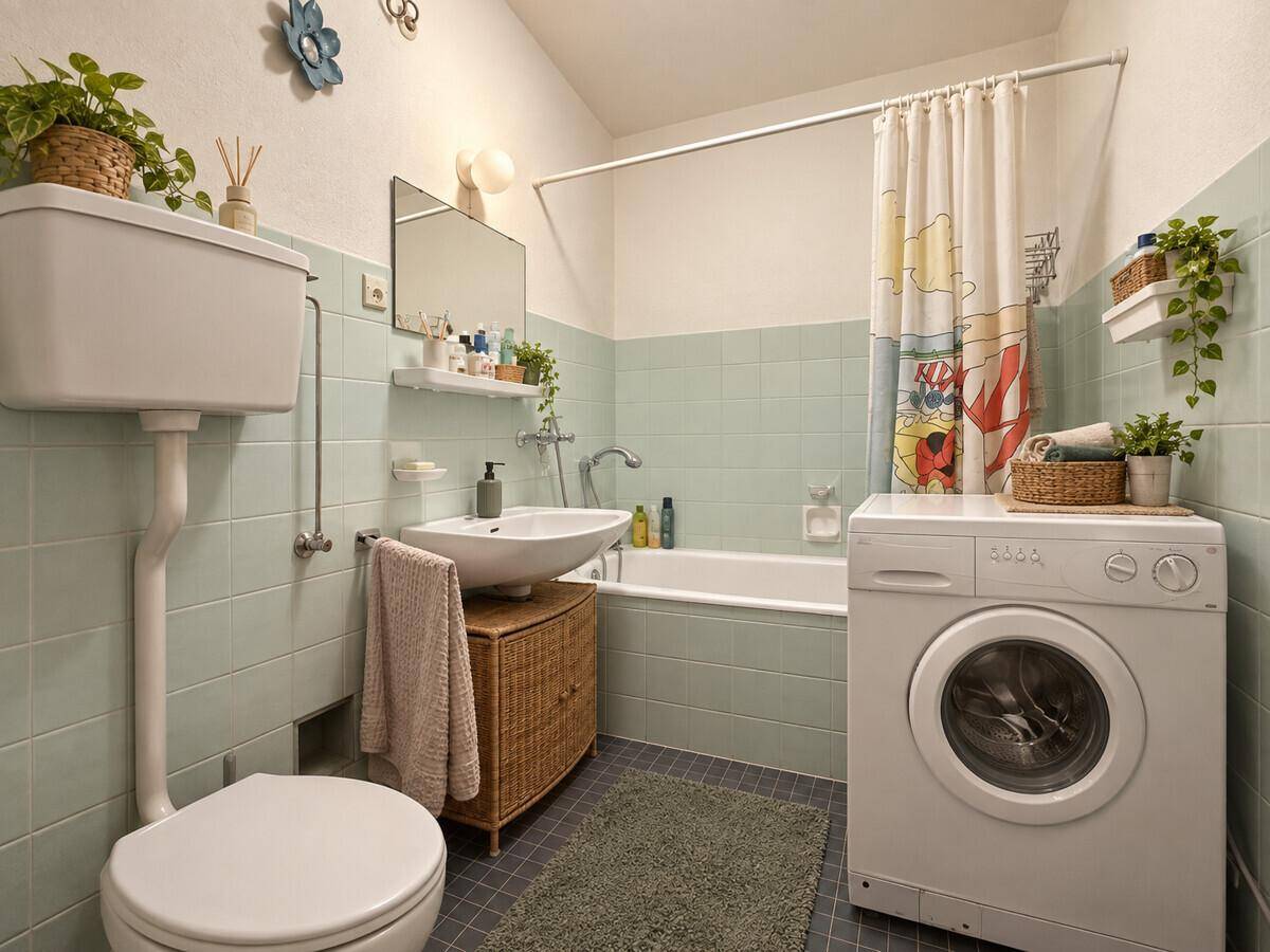 Badezimmer mit Badewanne, Waschbecken, Toilette und Waschmaschine in hellgrünen Fliesen.