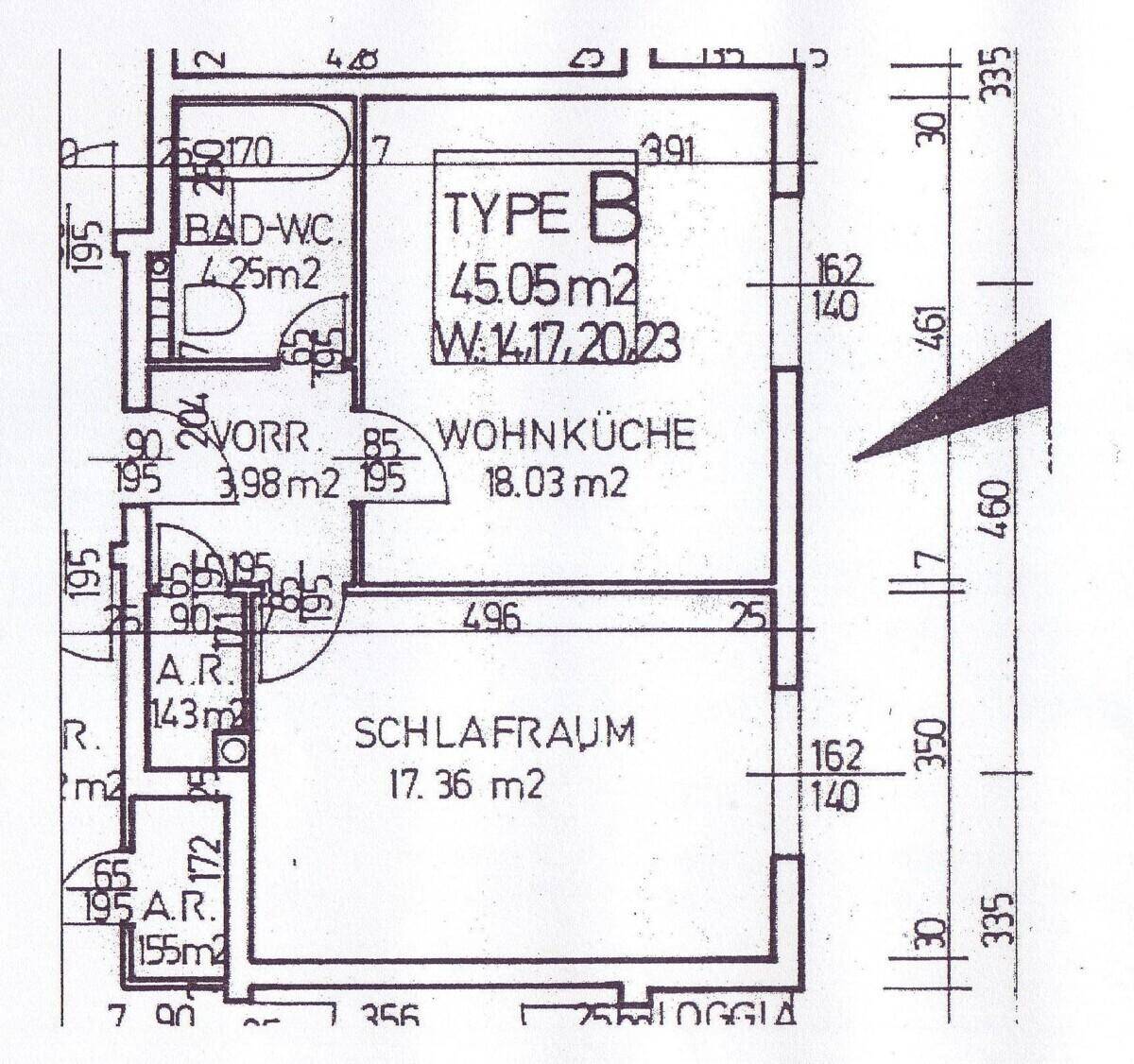 Grundriss der Wohnung Typ B mit Wohnküche, Schlafzimmer und Bad auf 45,05 m².