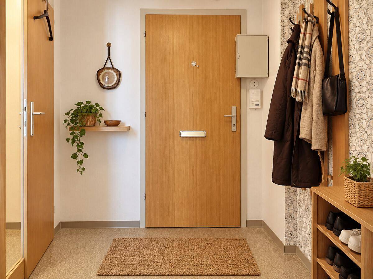 Heller Eingangsbereich mit Holztür, Garderobe und Schuhregal, einladend gestaltet.
