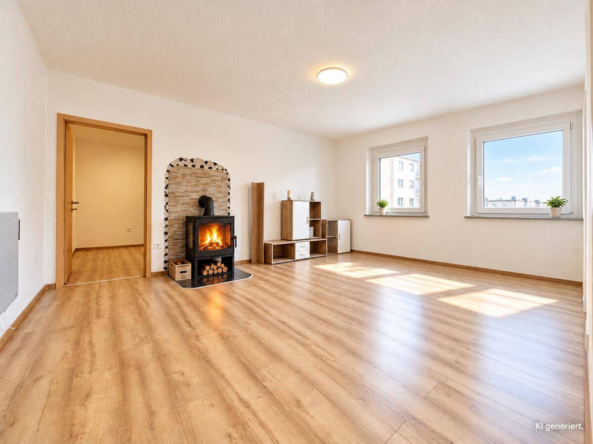 Geräumiges Wohnzimmer mit Laminatboden, Kaminofen und viel Tageslicht durch die Fenster.