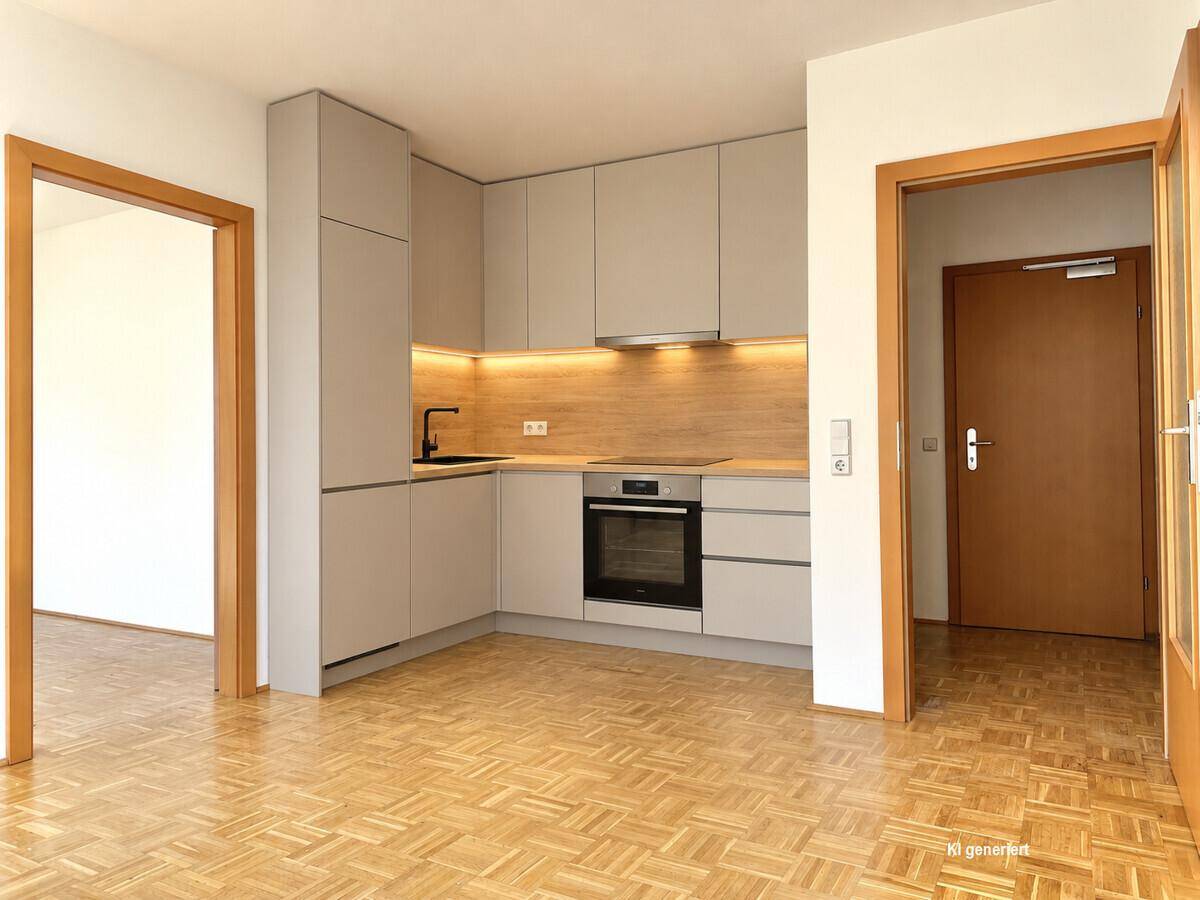 Moderne Einbauküche in hellem Grau mit Holzdetails, integrierten Geräten und Parkettboden.