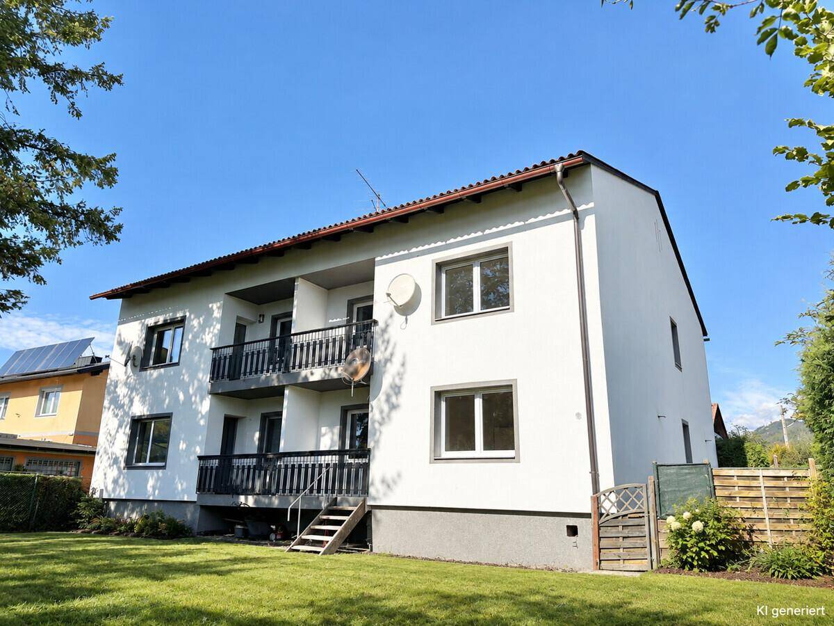 Rückansicht eines Wohnhauses mit Balkonen, Garten und gepflegter Rasenfläche.