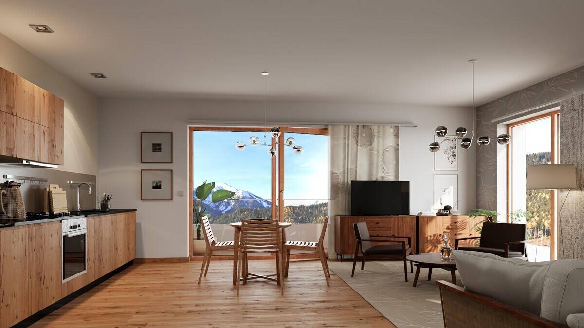 Offene Küche und Essbereich mit Holzelementen, Bergblick und modernem Design.