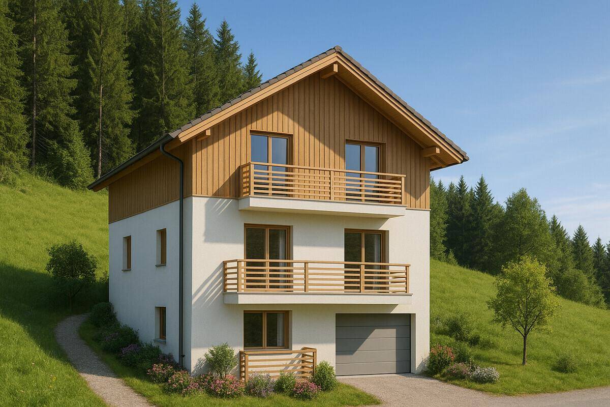 Attraktives Einfamilienhaus mit weißer Fassade, Holzgiebel und Balkonen in einer grünen Umgebung.