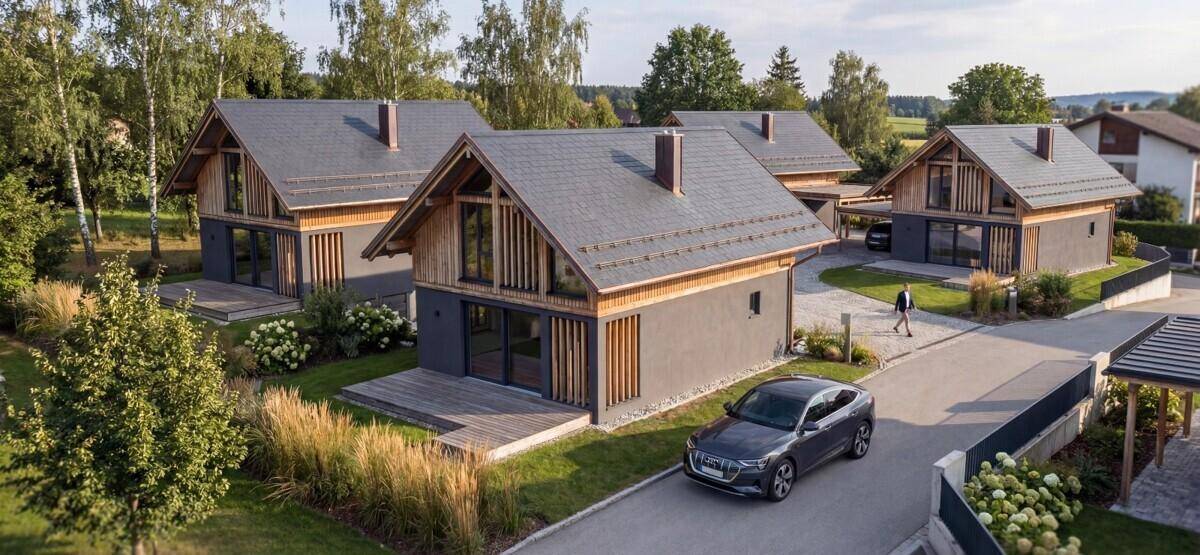 Luftaufnahme einer modernen Wohnsiedlung mit Häusern in Holz- und Putzbauweise.