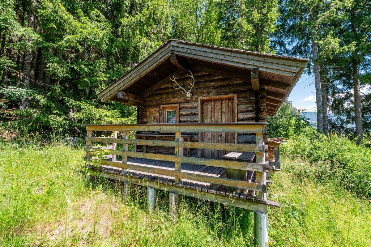 Charmante Holzhütte mit kleiner Veranda und Hirschgeweih-Dekoration in ländlicher Umgebung.