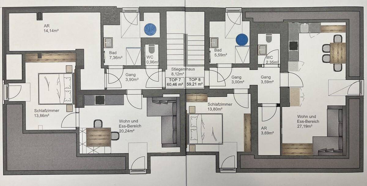 Detaillierter Grundriss von zwei Apartments mit Wohn-Essbereichen, Schlafzimmern und Bädern.