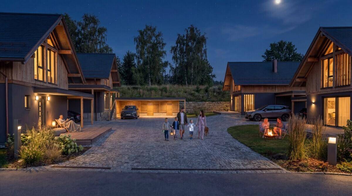 Abendliche Ansicht der modernen Häuser mit beleuchteten Außenbereichen und einer Familie auf der Zufahrt.