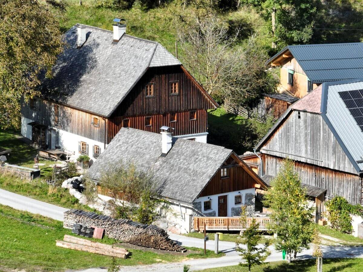 Luftaufnahme traditioneller Bauernhäuser mit Holzdächern und umliegender grüner Landschaft.