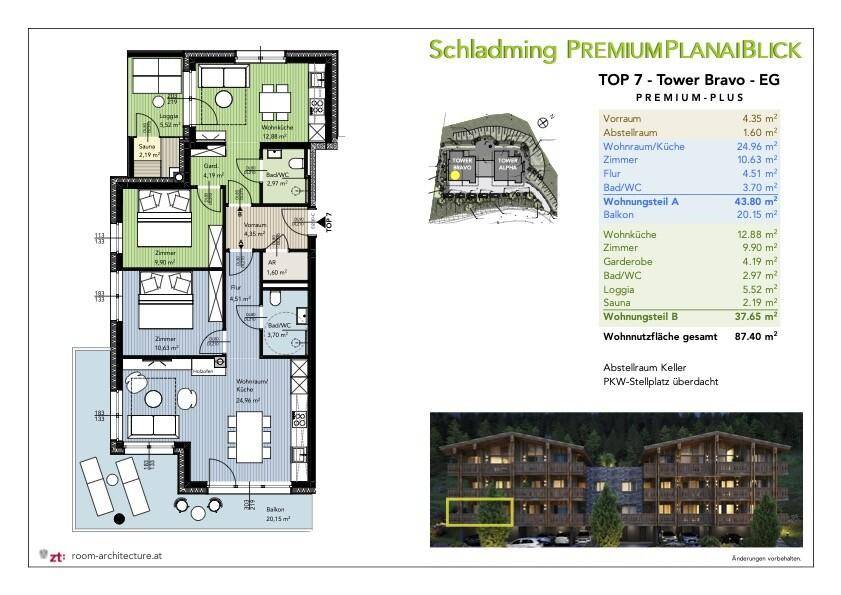 Grundriss der Wohneinheit TOP 7 mit offenem Wohnbereich, zwei Bädern, Loggia, Balkon und integrierter Sauna.