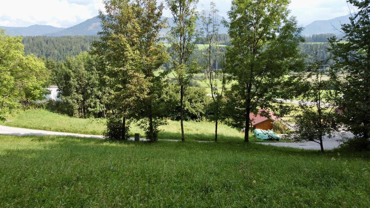 Weitläufiger Blick über grüne Wiesen und Bäume auf eine Berglandschaft.