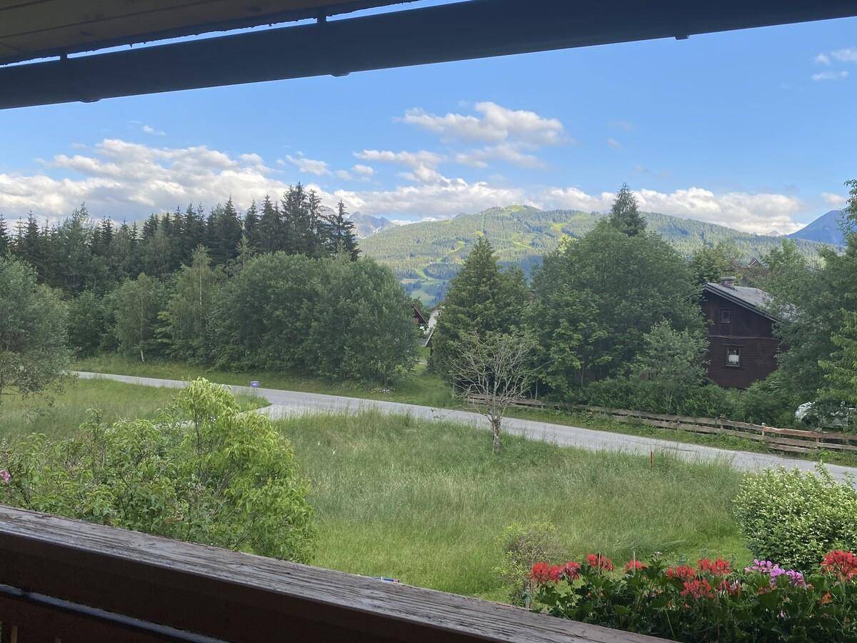 Weitläufiger Blick von einem Balkon auf grüne Wiesen, Wälder und ferne Berge.