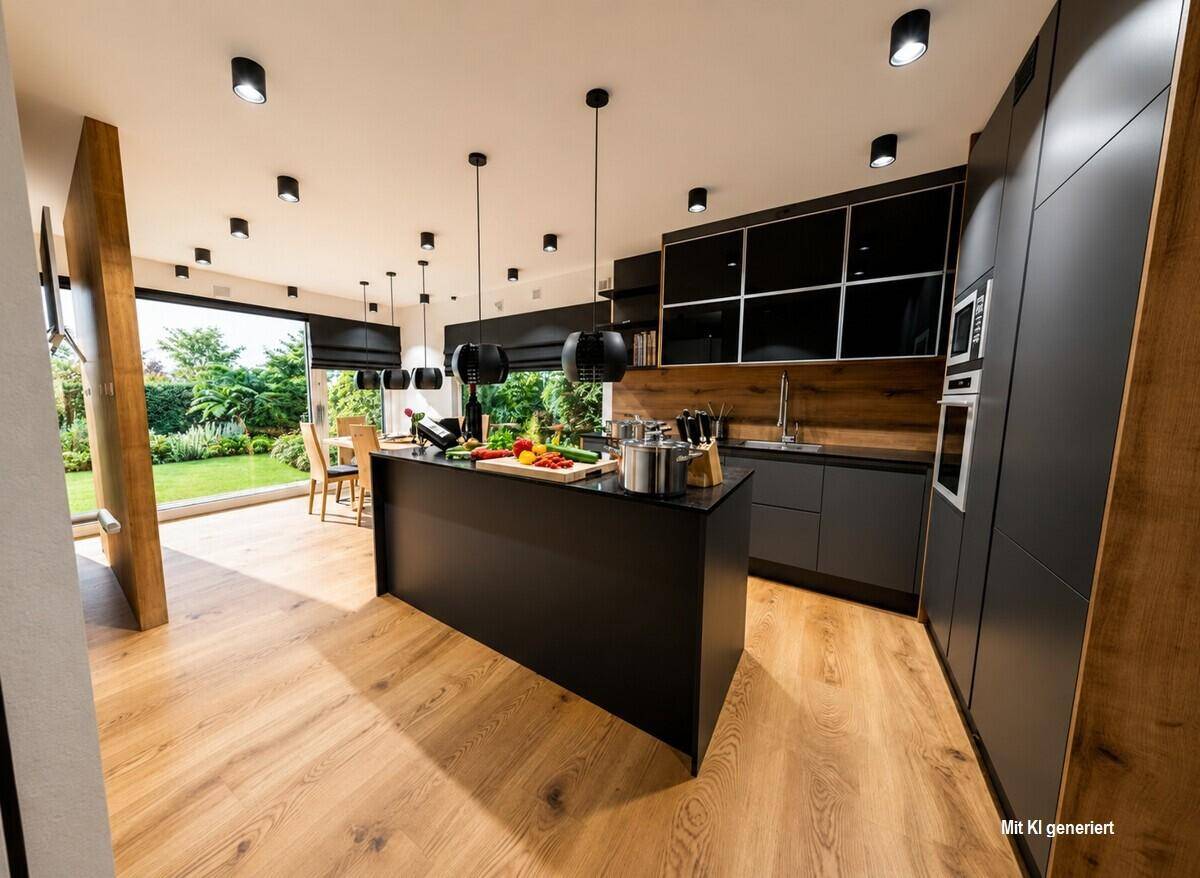 Elegante schwarze Küche mit Kochinsel, Holzakzenten und Zugang zu einem sonnigen Garten.