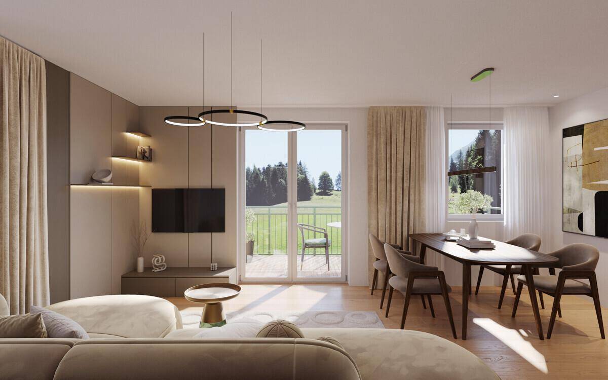 Eleganter Wohn-Essbereich mit Holzboden, moderner Einrichtung und Balkonzugang mit Weitblick.