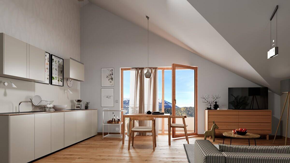 Offene Küche mit Essbereich, weißen Schränken und Zugang zum Balkon mit Bergblick.