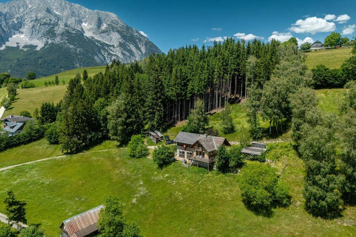 Das Chalet liegt malerisch am Waldrand, umgeben von grünen Wiesen mit Blick auf die Berge.
