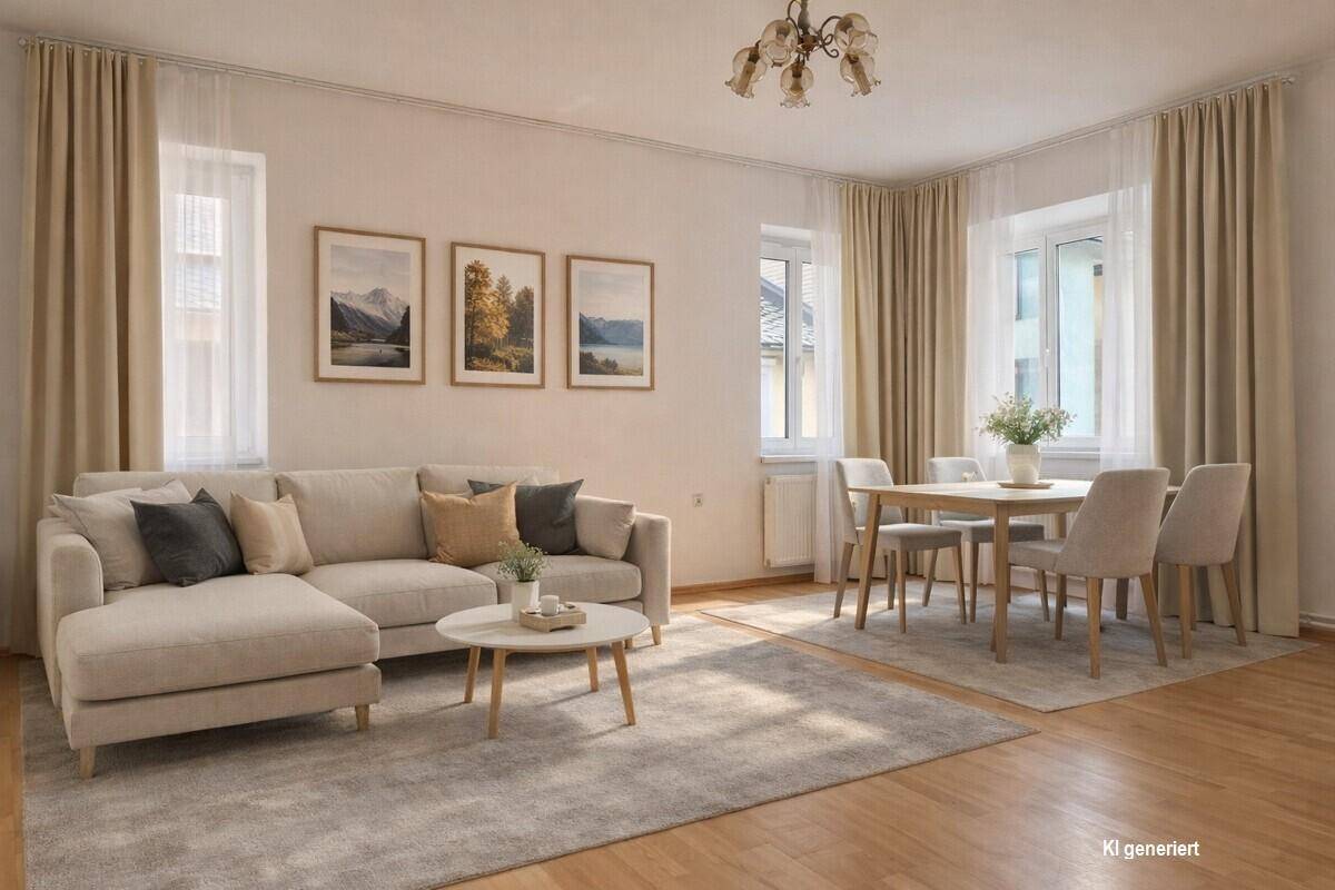 Heller Wohn- und Essbereich mit beigem Ecksofa, modernem Esstisch und Holzfußboden.