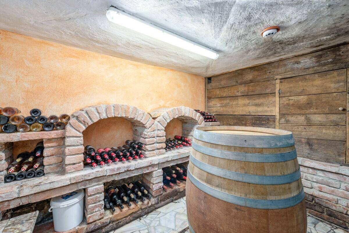 Weinkeller mit gemauerten Bögen zur Weinlagerung und einem großen Holzfass, rustikales Ambiente.