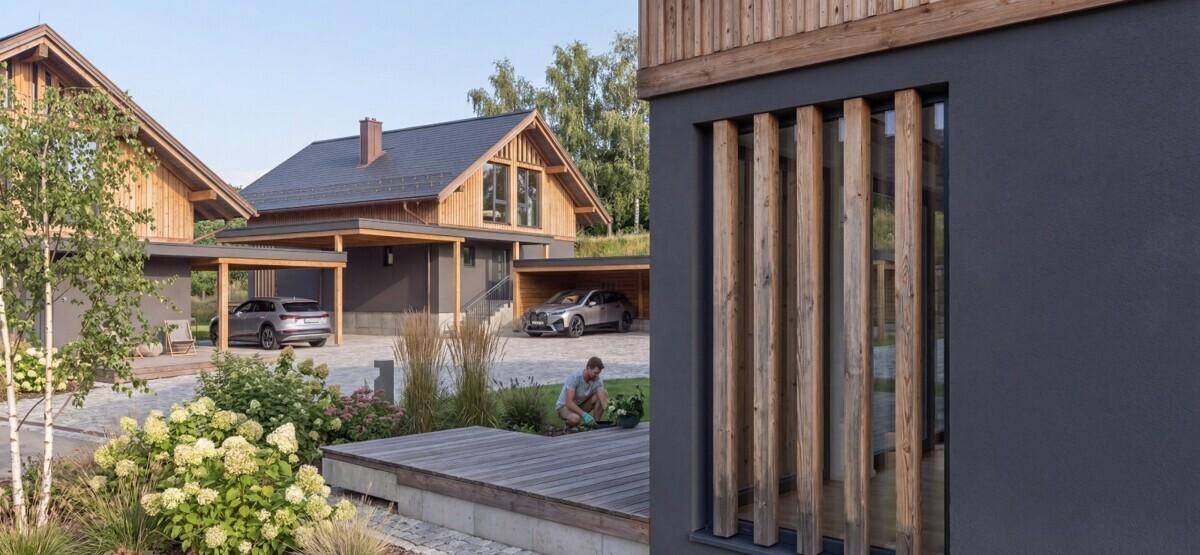 Detailansicht eines modernen Hauses mit Holzfassade, Terrasse und gepflegtem Gartenbereich.