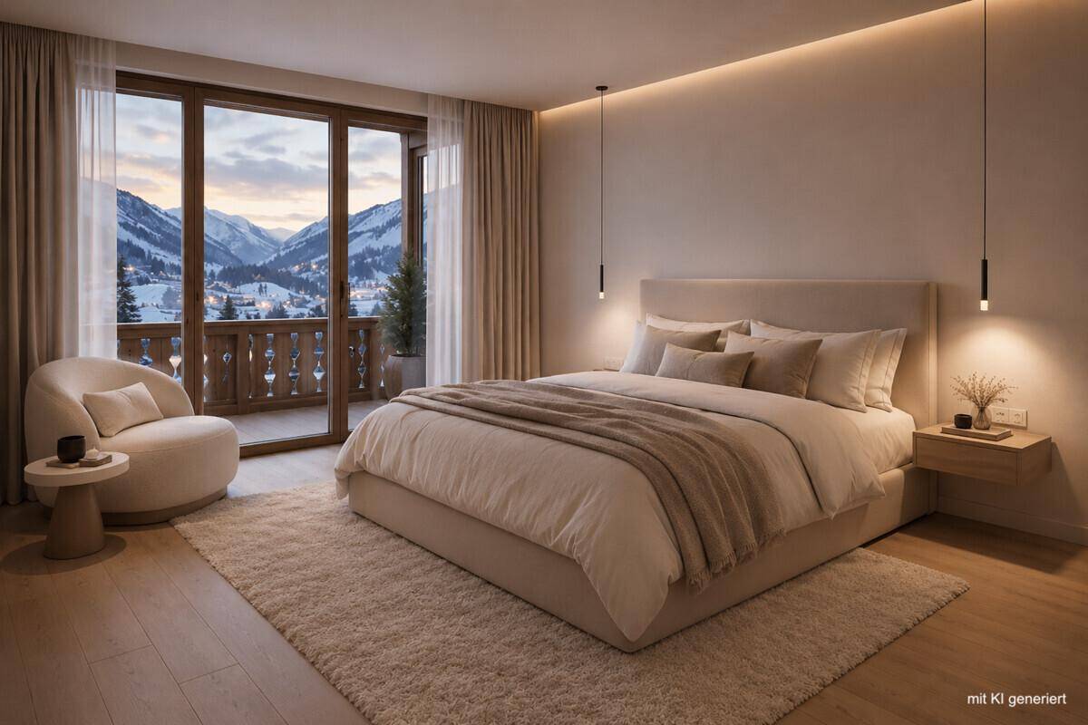 Gemütliches Schlafzimmer mit großem Bett, Balkonzugang und malerischem Bergblick.