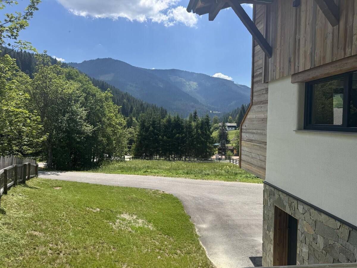 Malerischer Bergblick mit grünen Wäldern und klarem Himmel von der Unterkunft aus.