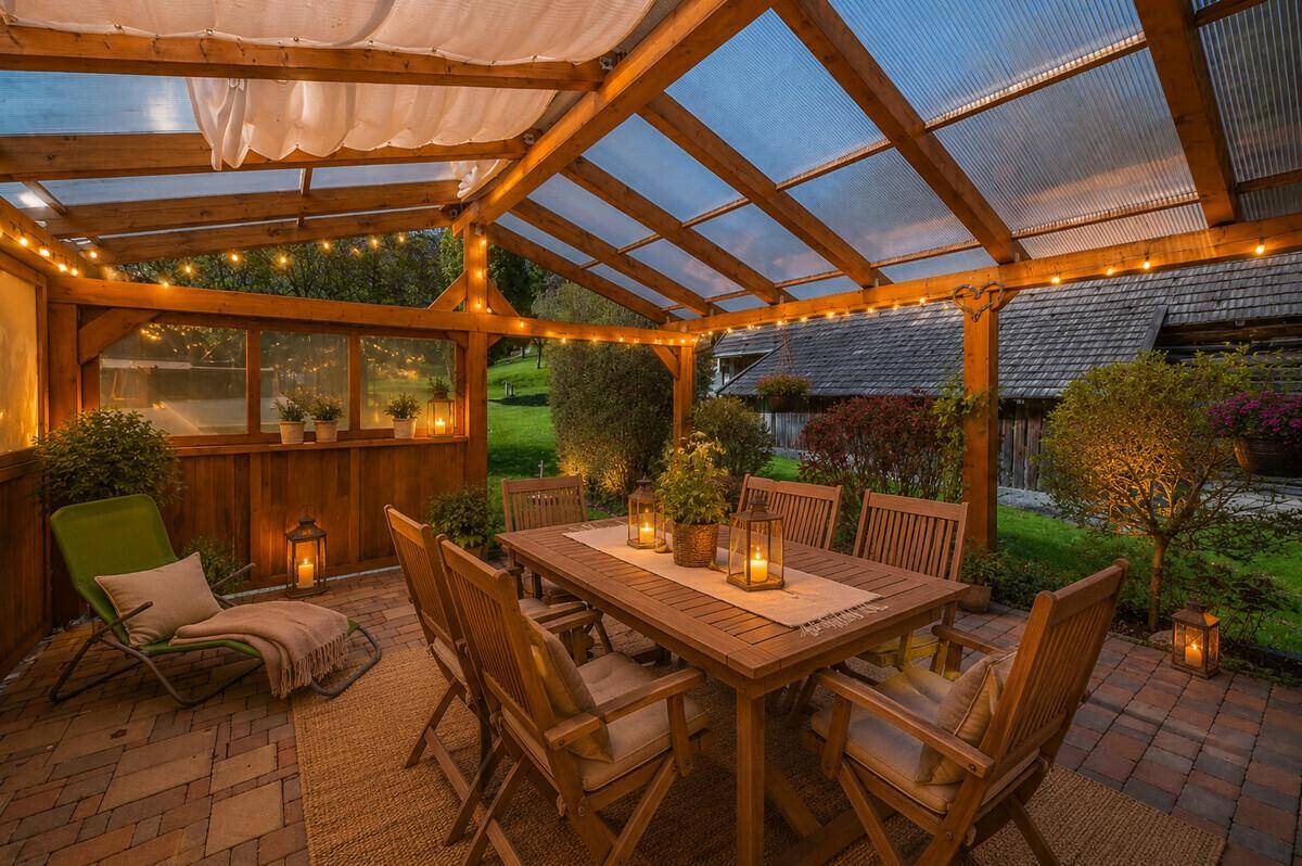 Beleuchtete überdachte Terrasse am Abend mit Holztisch und Stühlen, ideal für gesellige Runden.
