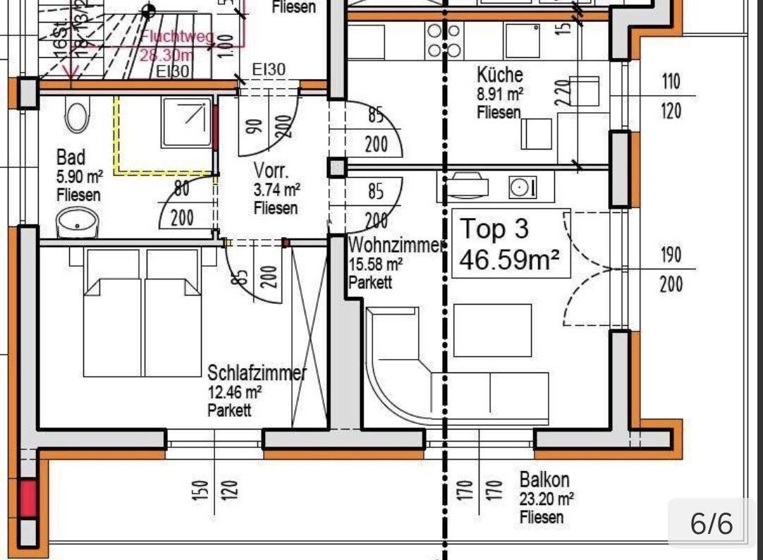 Detaillierter Grundriss einer Wohnung mit Schlafzimmer, Bad, Wohnzimmer, Küche und großem Balkon.