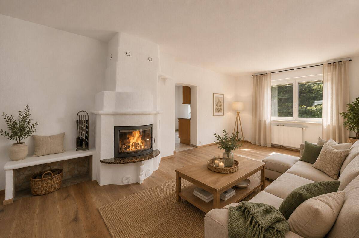 Helles Wohnzimmer mit Kamin, Holzboden und bequemer Couch, ideal zum Entspannen.
