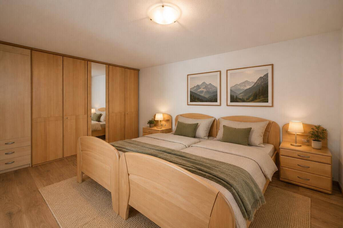 Schlafzimmer mit zwei Einzelbetten, Holzmöbeln und Einbauschränken, mit Bergblick.