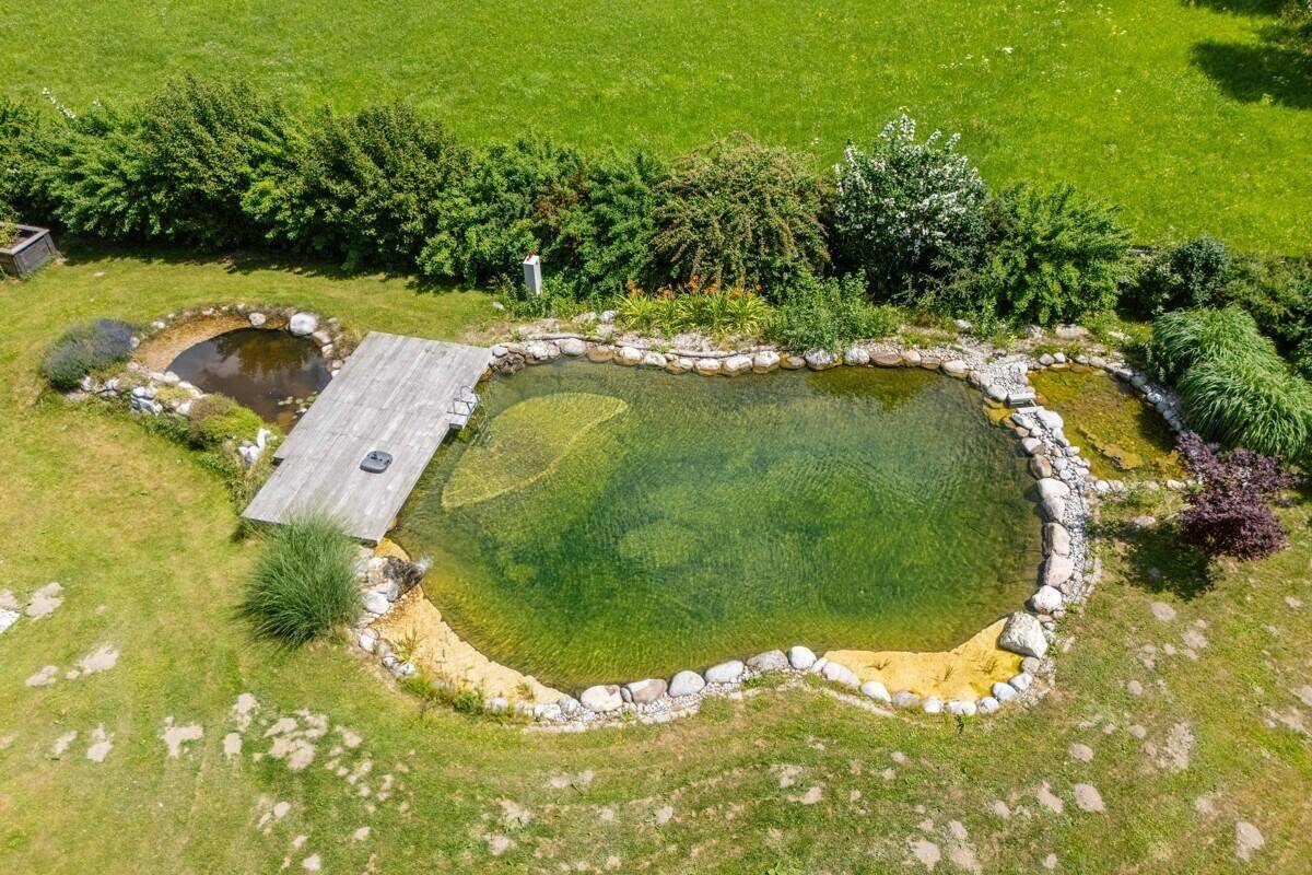 Idyllischer Naturteich mit Holzsteg und üppiger Bepflanzung im weitläufigen Gartenbereich.