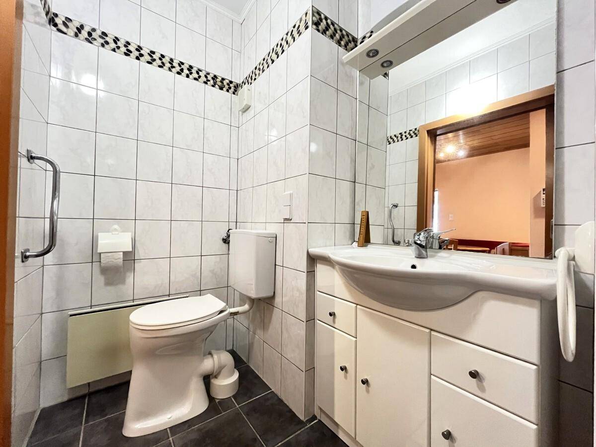 Gefliestes Badezimmer mit Toilette, Einzelwaschbecken und Haltegriffen für Komfort.