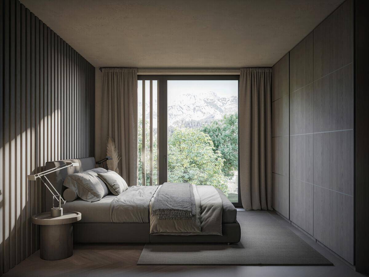 Gemütliches Schlafzimmer mit Holzboden, Einbauschränken und einem Fenster mit herrlichem Bergblick.