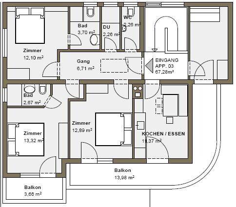 Grundriss von Appartement 03 mit drei Zimmern, zwei Bädern und großem Balkon.
