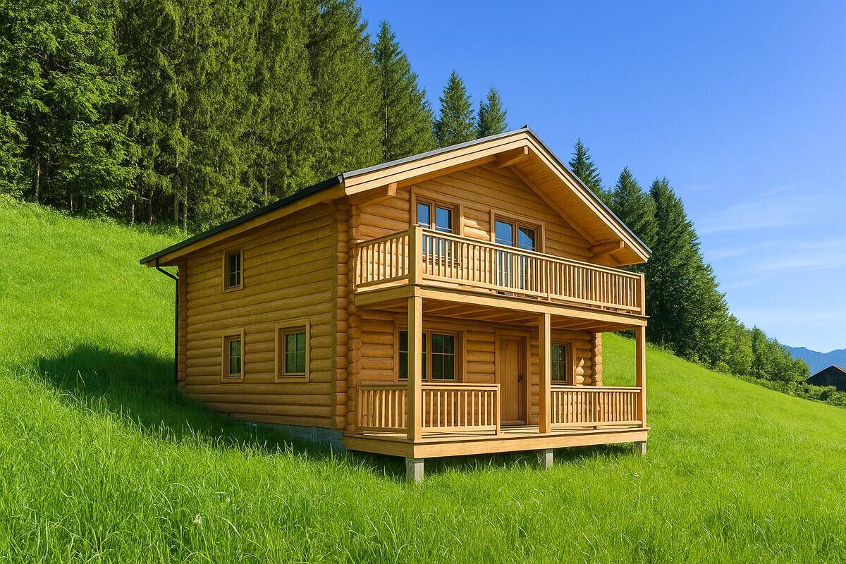 Rustikales Holzchalet mit traditionellem Design, Balkonen und Satteldach in idyllischer Berglandschaft.