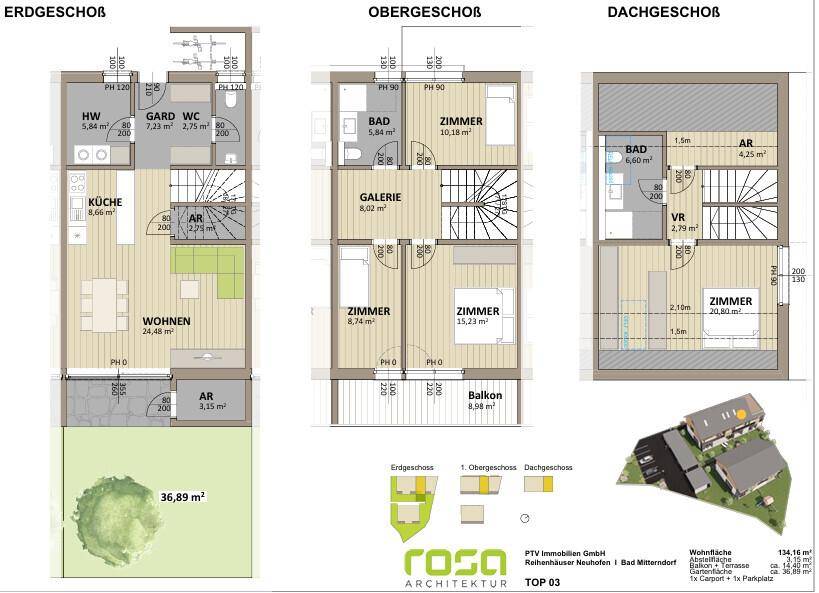 Detaillierter Grundriss über drei Etagen mit Wohn-, Schlaf- und Sanitärbereichen sowie Balkon.