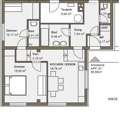 Grundriss von Appartement 01 mit zwei Zimmern, zwei Bädern und Zugang zur Wiese.
