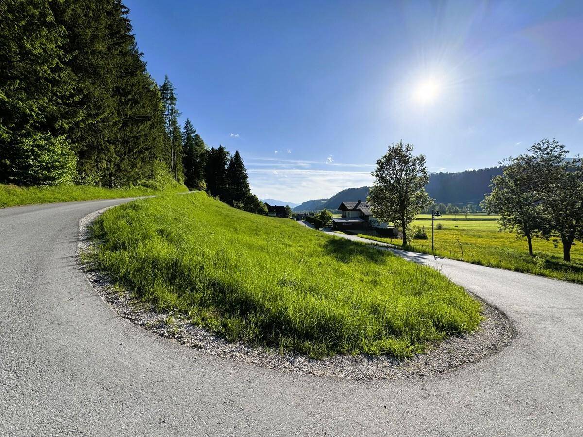 Kurvige Landstraße durch eine grüne Hügellandschaft mit Wald und Häusern in der Ferne.