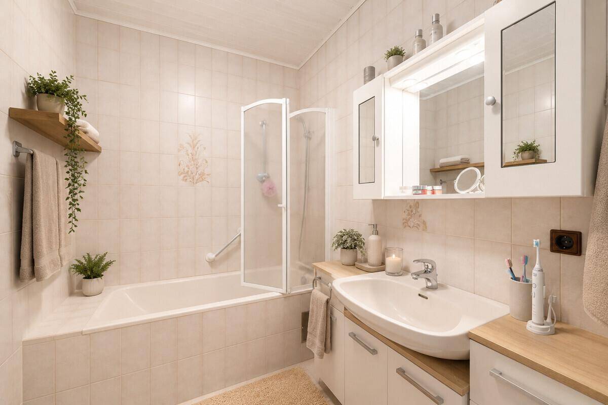 Funktionales Badezimmer im Stil der 80er Jahre mit Badewanne, Dusche und Waschtisch mit Holzplatte.
