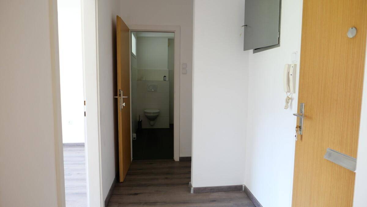 Geräumiger Flur mit Laminatboden und Zugang zu einem separaten WC.