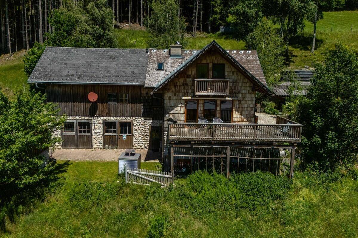 Luftaufnahme des Chalets mit großer Holzterrasse, umgeben von üppiger grüner Natur und Wald.