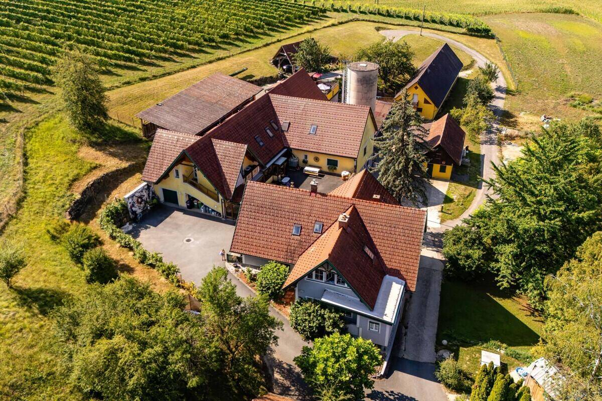 Luftaufnahme des Anwesens mit mehreren Gebäuden, umgeben von weitläufigen Weinbergen und grüner Landschaft.