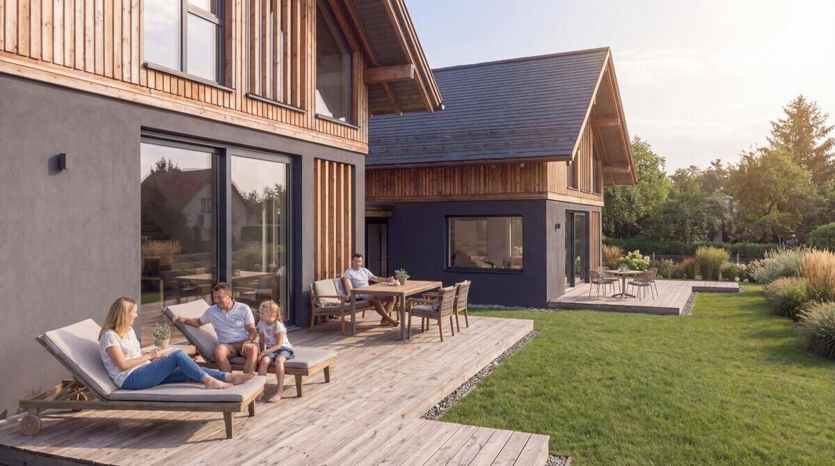 Geräumige Holzterrasse mit Sonnenliegen und Esstisch, umgeben von einem grünen Rasenbereich.