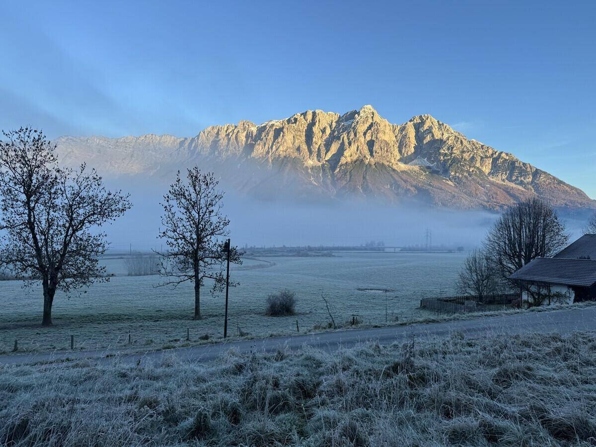 Malerische Winterlandschaft mit nebelverhangenen Feldern und majestätischen Bergen im Hintergrund.