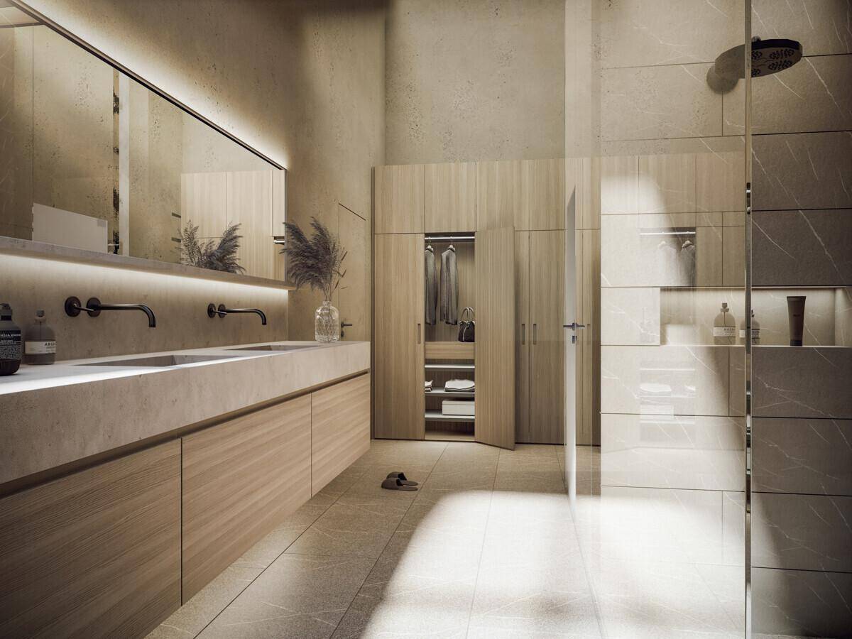 Modernes Badezimmer mit Doppelwaschbecken, begehbarer Dusche und integrierten Schränken.