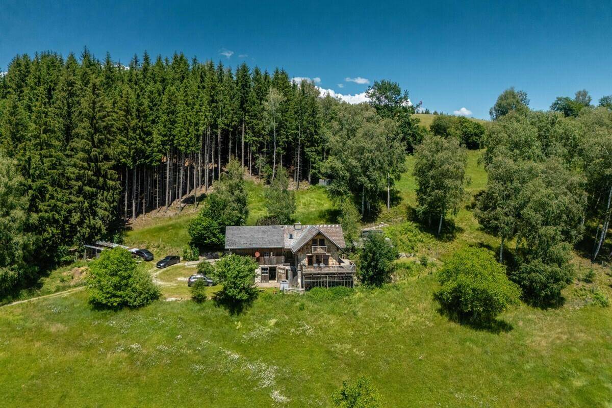 Das rustikale Chalet liegt friedlich am Waldrand, umgeben von saftigen grünen Wiesen unter blauem Himmel.