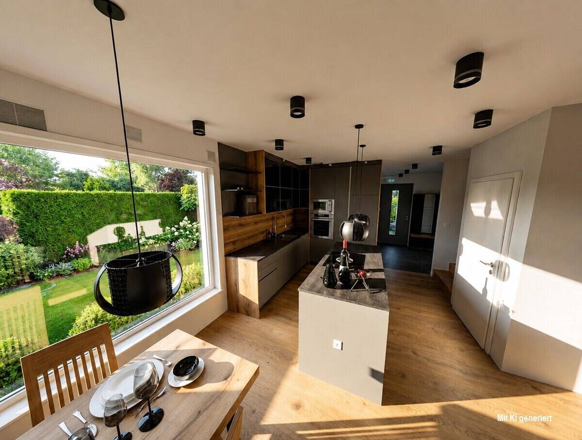 Moderne Küche mit Essbereich, großer Fensterfront und direktem Blick in den grünen Garten.